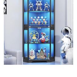 4 Tier Glass Show Case 65" Corner Display Cabinet with Glass Doors, Lighted Curio Cabinet Black