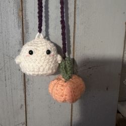 Halloween Decor - Handmade Crochet Ghost & Pumpkin Car Charm – Cute Halloween Rearview Mirror Decoration 