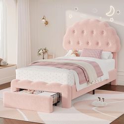 Full Size Bed Frame with 2 Storage Drawers, Cloud Cookie Full Size Upholstered Bed Frames with Adjustable Headboard and High Footboard, for Princess/P