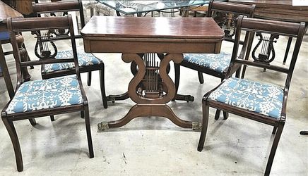Antique 1930's Lyre Harp Mahogany Brass Footed Dining Gaming Table + 4 Chairs
