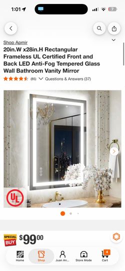 Apmir 20in.W x28in.H Rectangular Frameless UL Certified Front and Back LED Anti-Fog Tempered Glass $49