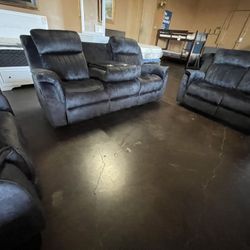 3-Piece Charcoal Gray Reclining Sofa Set 