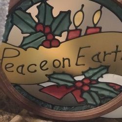 Vintage Peace on Earth Sun Catcher Wood Round Frame Holiday Christmas 