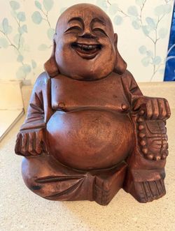 Laughing Buddha Statue Wood-Look Figurine
