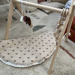 Baby Play Mat With Wooden Gym And Hanging Toys