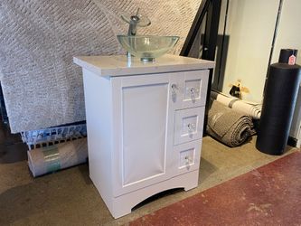 Unique Glass Basin Sink Vanity Cabinet w/ Marble Counter