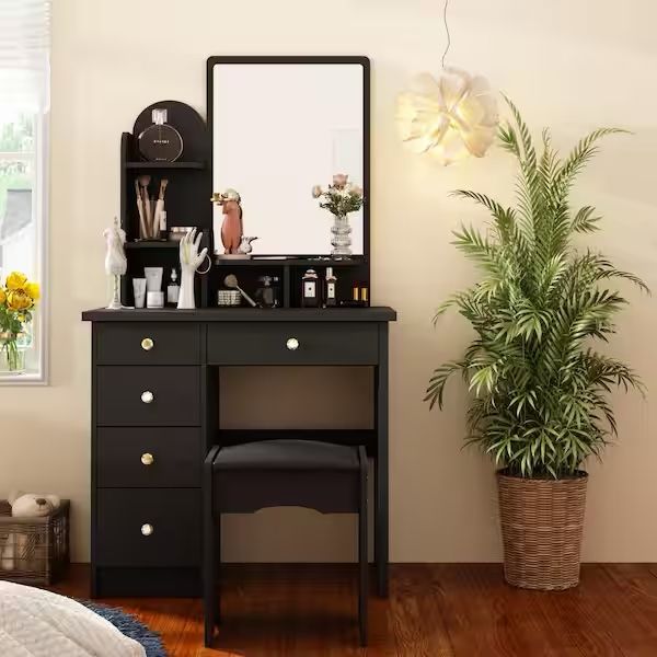 5-Drawers Black Makeup Vanity Sets Wood Dressing Sets With Big Mirror, Stool and 3-Tier Storage Shelves
