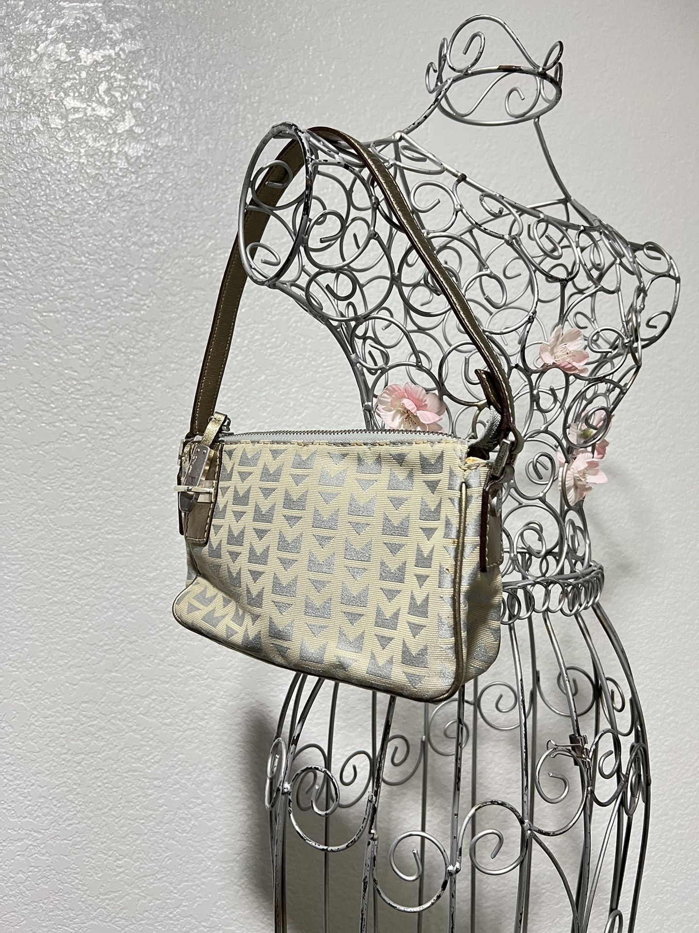 MICHAEL KORS Vintage Jacquard M Logo Small Handbag Pewter with Leather Trim