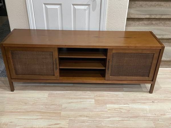 New 70 inch Modern Mid Century Walnut Wood Wicker TV Stand Console Table