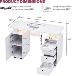 🥨Nail Desk for Nail Tech w/Electric Dust Collector, Rolling Manicure Table w/Lockable Wheels, Storage Drawers, Wrist Cushion, Acetone Resistant,
