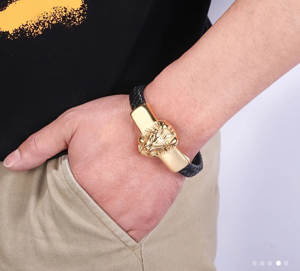 High Quality 18 k gold plated Stainless Steel Leather Bracelet Dress Bracelet For Men,