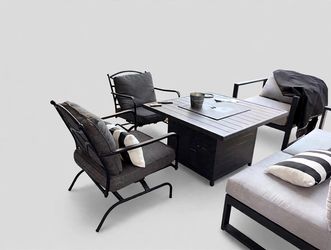 Patio Conversation Set — Sofa + Fire Pit Table + 4 Chairs
