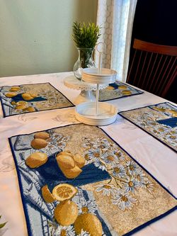 Mediterranean Grandma Core Tablescape with Placemats and lemon  Tablecloth