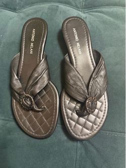 Antonio Melani Wedge Sandals Shoe Womens 9 black Slip On Rhinestone Heel Jewel