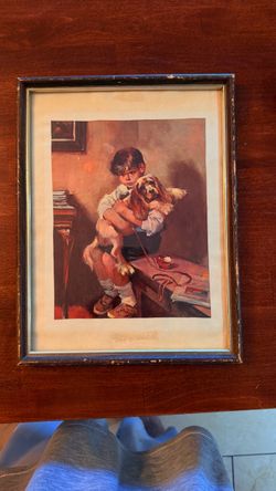 Vintage Framed Boy and Dog Picture – Classic Wall Art