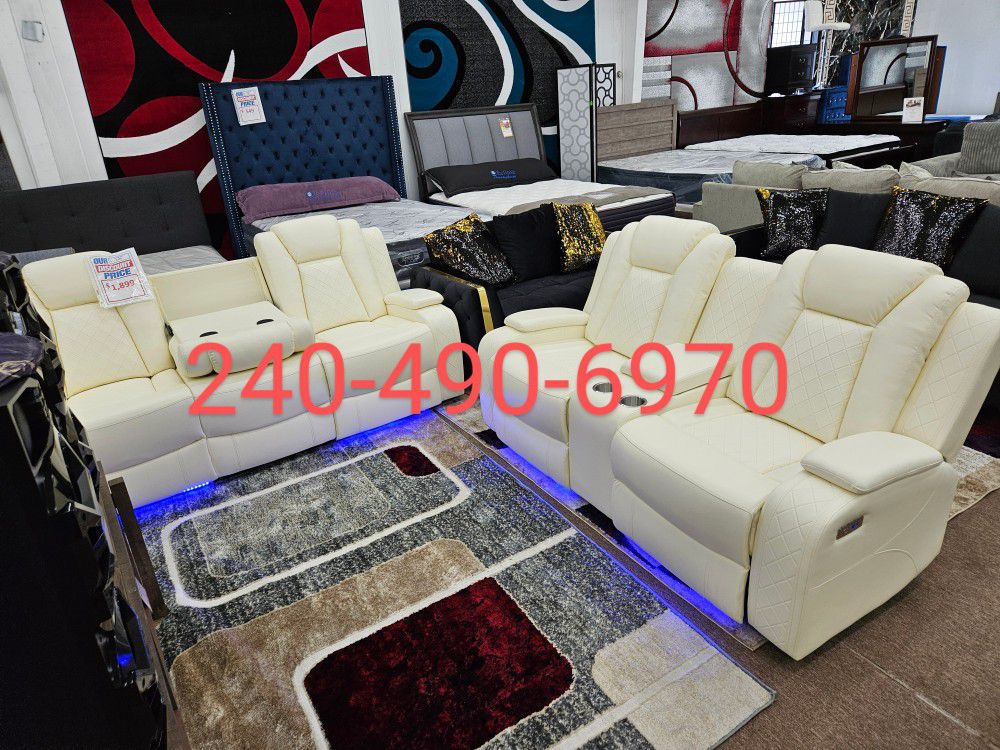 Brand New Stock Only $52 Down White Electric Motion Motorized LED Lighted 2PC Sofa Loveseat Recliner Special