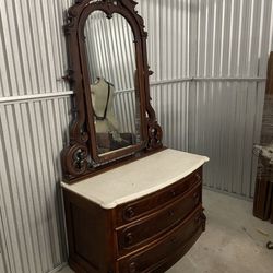 Antique Mahogany Dresser With Mirror And Real Marble Top