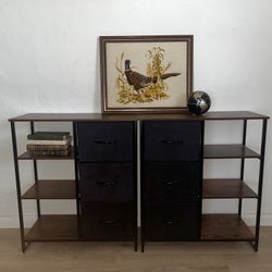 2 storage cabinets with drawers and shelves