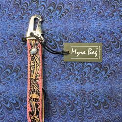 🏜️Myra Bags~Hand Tooled “Pink Skies” Beauty~Leather Key Ring Fob Chain Holder NWT