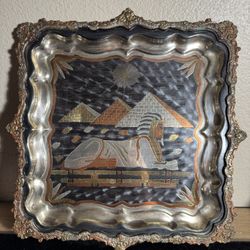 Vintage Egyptian Sphinx & Pyramids Metal Wall Tray 12” Mixed Metal Inlay Decor