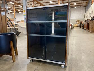Glass Door Media Cabinet with Adjustable Shelves and Wheels