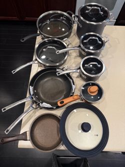 CALPHALON COOKWARE SET plus extras; Tfal deep sauté pan; pots and pans; cooking set