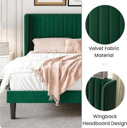 Full Size Velvet Bed Frame, Tufted Wingback Headboard, Green 47'' Modern Vertical Channel Headboard, Upholstered Platform Bed, Wood Slats, No Box Spri