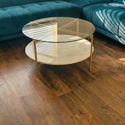 Round Gold & Marble (White) Coffee Table with Glass Top - LIKE NEW