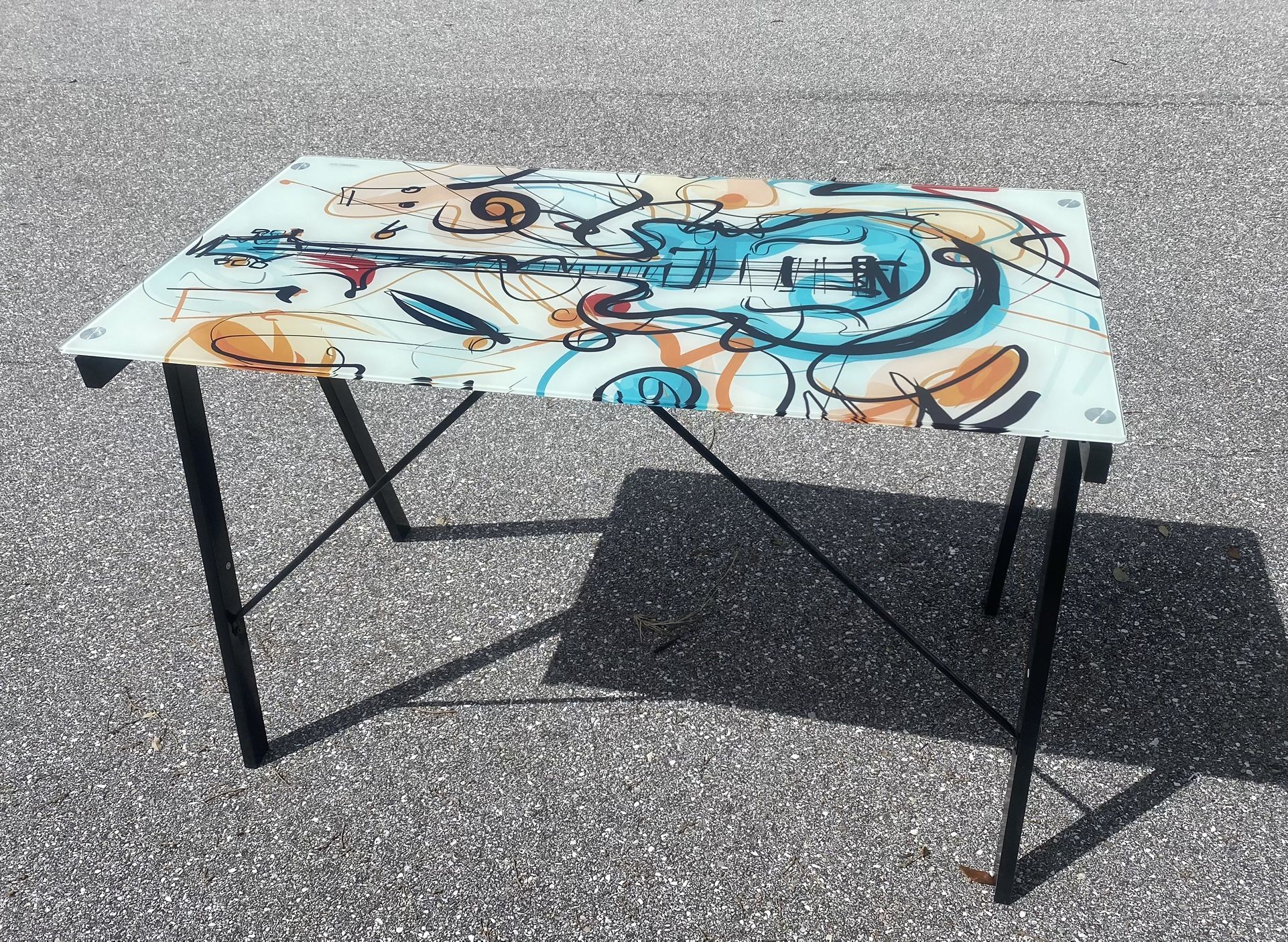 Graphic Guitar Color Splash Tempered Glass And Metal Desk / Console /Bar
