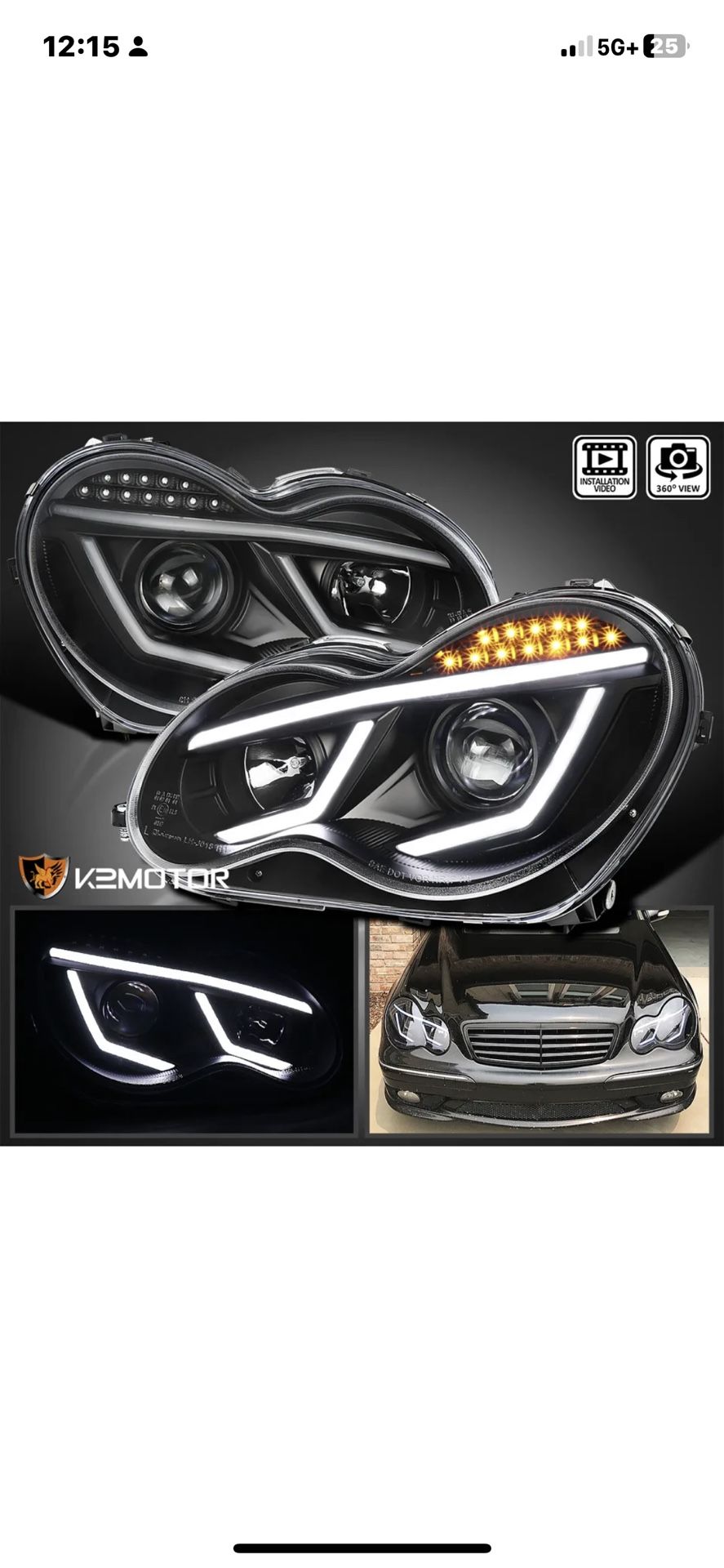 Fits 2001-2007 Mercedes Benz W203 C230 C240 LED Strip Projector Headlights Black