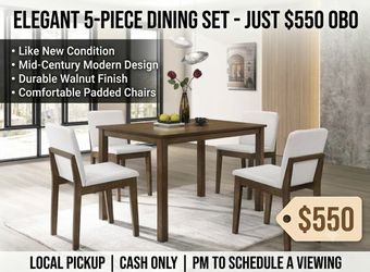 Modern Walnut & Fabric 5-Piece Dining Set