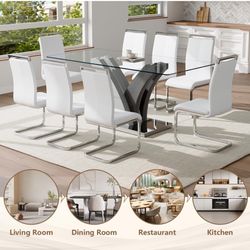 Glass Dining Table Set for 8, 71” Kitchen Table Set for 8, Large Dining Room Table Set with White PU Leather Chairs