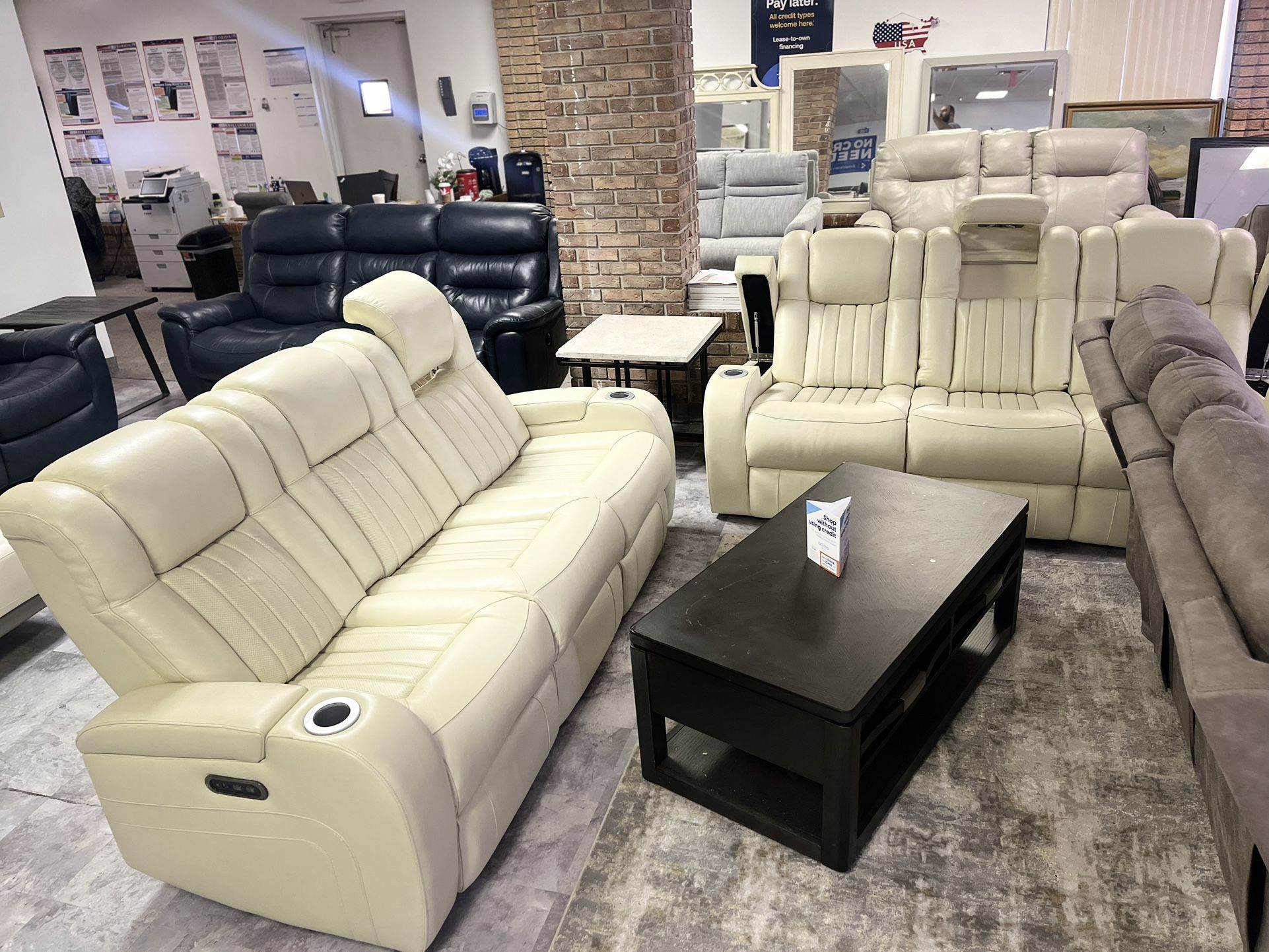 Leather White Sofas Dual Power Recliner With Drop Down Console - Wireless Charger