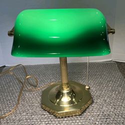 VTG Banker’s Lamp Emerald Green Glass, Brass Metal Excelsior Octagon Base 13”