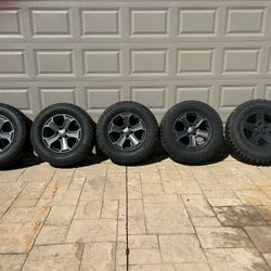 FIVE JEEP RIMS AND BF GOODRICH WHEELS