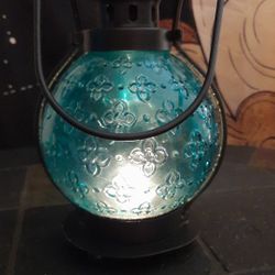 Antique-Style Blue Glass Lantern With Metal Frame & Handle Decorative Home Candl