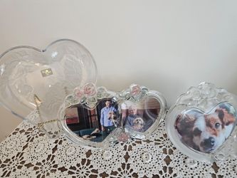 $25.00 - 1980's - 1990's MIKASA BRAND Embossed Glass Heartshaped Picture Frames & Accent/Serving Tray!  All with Exquiste Embossed Roses Design - New/