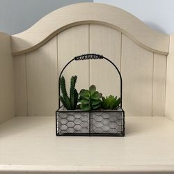 Faux Succulents Arrangement In Wire Basket Planter 