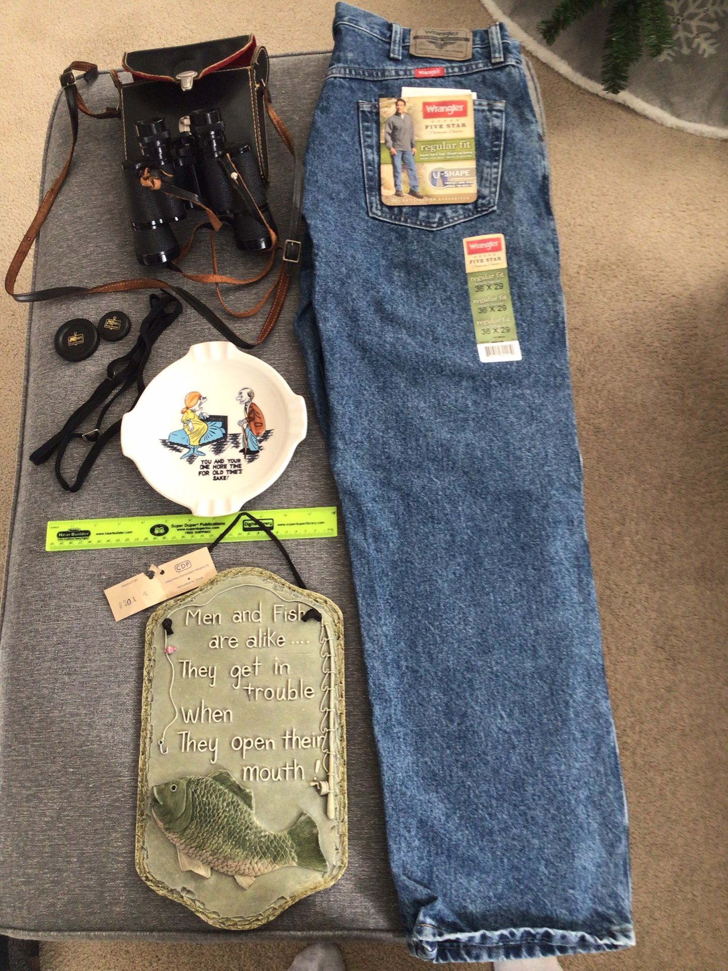 Vintage Never Worn Wrangler Jeans 36x29, Field Binoculars 7x35, 1960’s Ashtray, Resin Fish Wall Plaque