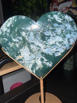 Large Moss Agate Heart on Gold Stand