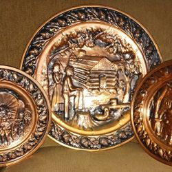 SET OF 3 VINTAGE COLLECTIBLE COPPERCRAFT GUILD COPPER WALL HANGINGS, MEASUREMENTS ARE IN THE PHOTOS