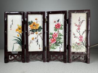 Vintage Chinese  Folding Table Top Screen Hand painting 4 Panels 2 Sided 