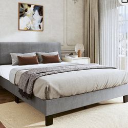 Like New Queen Size Grey Upholstered Bed Frame with Adjustable Height Headboard and Footboard