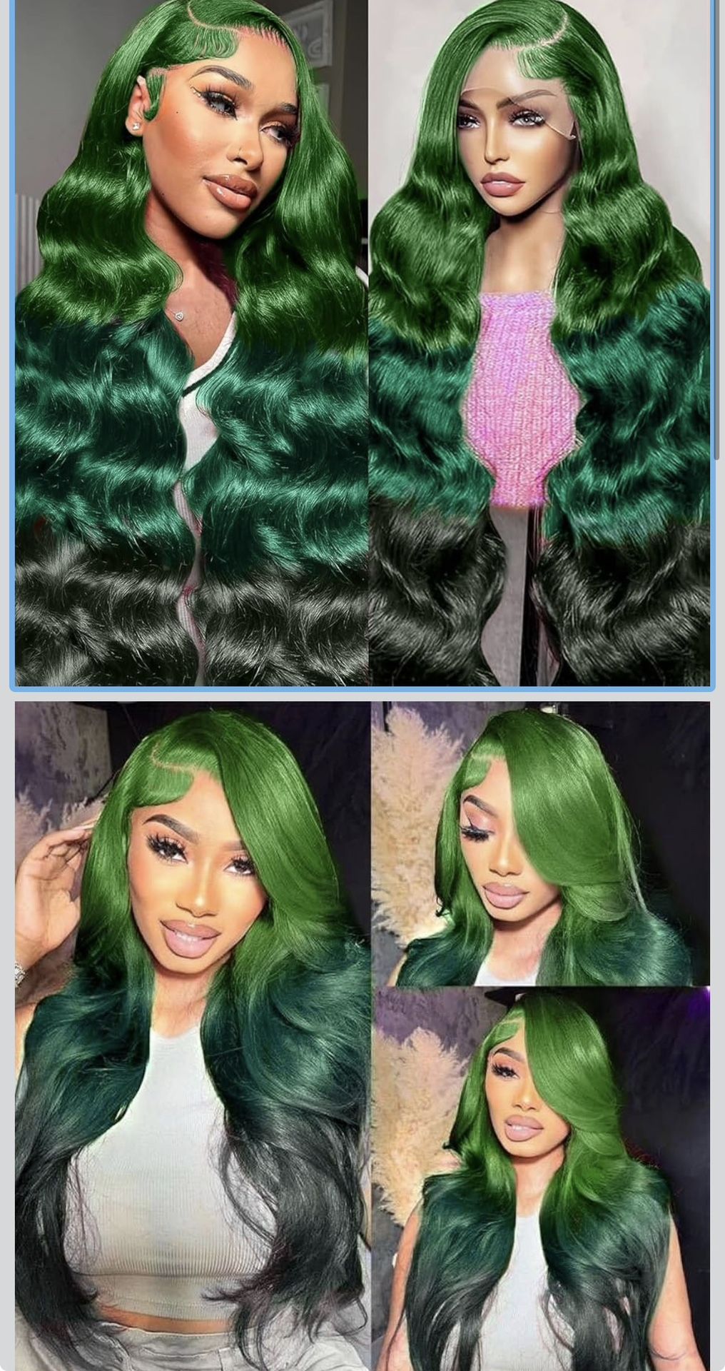 100% Human Hair 30 Inch Green Ombré Wig