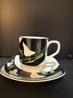 Set Of Eight Sango Quadrille Black Lilies Ceramic Coffee Mugs And Saucer Set .