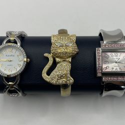 Set Of 3 Vintage Quartz Cuff Watches- Peck& Peck & Pierre Nicole - Silver/gold