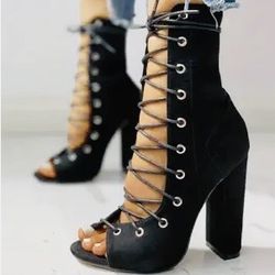 Lace Up Chunky Heel Slim Boots, Versatile Peep Toe Boots