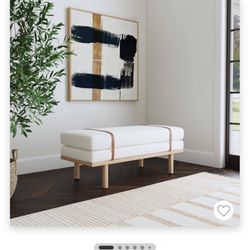 HomePop Upholstered Bench Cream Boucle/Natural: Wood Legs, Faux Leather Strap, Multipurpose Use