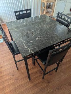 Dining Set w/ Modern Faux Marble Finish & Sturdy Black Metal Frame – Includes Table + 4 Chairs!