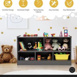 Costway Kids 2-Shelf Bookcase 5-Cube Wood Toy Storage Cabinet Organizer Grey